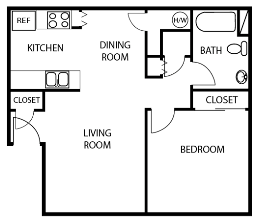 Floor plan for 1 bed, 1 bath, 640 sqft